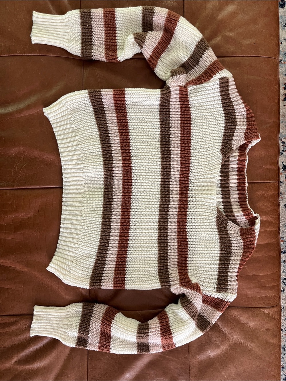 SHEIN Cream Crewneck Sweater with Brown & Rust Stripes